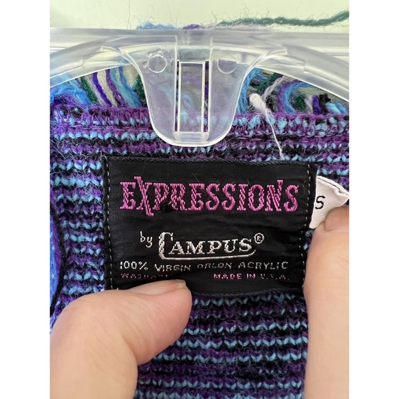 Vintage 70’s Expressions by Campus Southwest Boho Fringe Knit Cardigan Sweater S - Picture 3 of 6